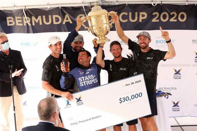 Team Stars+Stripes (from left) Mike Menninger, Mike Buckley, Victor Diaz de Leon, Eric Shampain and skipper Taylor Canfied, winners of the 70th Bermuda Gold Cup and 2020 Open Match Racing World Championship 