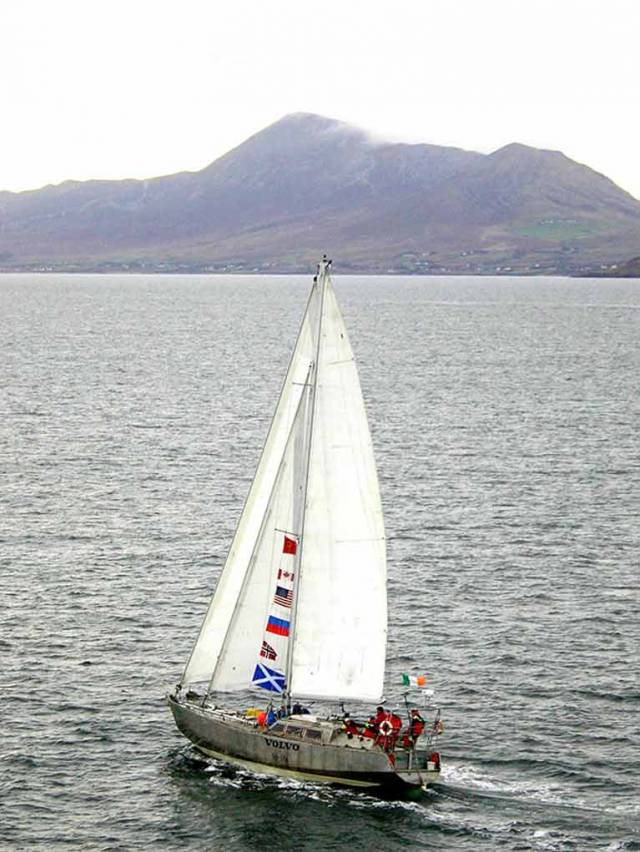 Jarlath Cunnnane’s own-built expedition yacht Northabout sails up Clew Bay in Mayo with Croagh Patrick beyond in October 2005 on her return from seasons in the Arctic and Pacific which had seen her transit both the Northwest and Northeast Passages, with Paddy Barry as co-skipper. In 2016, Northabout did both of the Arctic passages in one extraordinary seven week cruise, with Russian ice-voyaging expert Nikolay Litau playing the key role