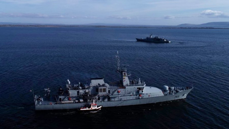 Having arrived on St Patrick’s Day, LÉ William Butler Yeats (foreground) departed the Port of Galway yesterday and met in Galway Bay replacement offshore patrol vessel, LÉ James Joyce which took over helping the HSE in conducting Covid-19 testing at the mid-west harbour.