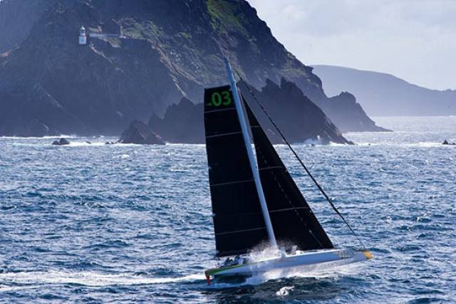 Lloyd Thornburg’s Phaedo 3 at the Blaskets during the recent Round Ireland Record, which was celebrated at the National Yacht Club on Friday night. Today, Phaedo 3 rounded the equally rocky Ouessant off the west coast of Brittany, on her way to line honours in the new 400-mile RORC Cowes-Wolf Rock-Ouessant-St Malo Race.