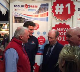 Minister of Transport, Shane Ross at the Doolin Ferry Co. stand at the Holiday World Show, Dublin. The Clare based company is to introduce a 200-passenger ferry and operate the fastest ever crossing time on an Aran Islands route from April. 