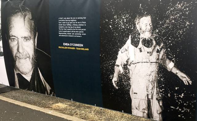 Enda O'Coineen, Ireland's first Vendee Globe competitor appears on a bill board at the race village