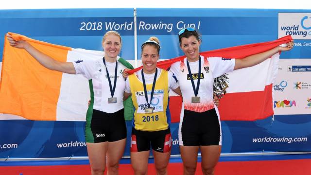 Sanita Puspure (silver) on the podium in Belgrade with Jeannine Gmelin (gold) and Magdalena Lobnig (bronze).  