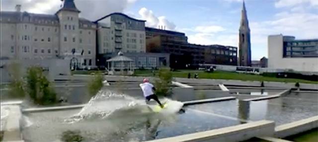 Water feature – David O'Caoimh wakeboards through Dun Laoghaire's new lexicon water feature. See full video below.
