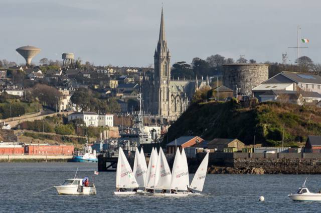 The Monkstown Laser League fleet jostle for position at the start of one of yesterday's three races in Cork Harbour