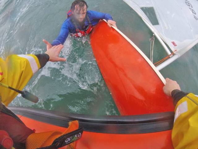 The dinghy sailor is rescued by Bangor RNLI after getting into difficulty in Ballyholme Bay
