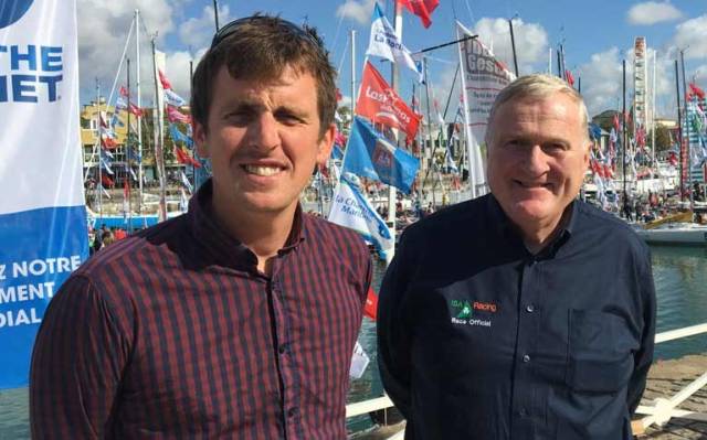Tom Dolan with Irish Sailing President Jack Roy in La Rochelle before the start of the Mini-Transat 2017.