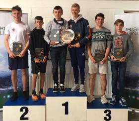 Junior all Ireland winners on the podium. Michael O&#039;Suilleabhain and Michael Carroll with second placed Rian Geraghty-McDonnell and Harry Durcan and Loghlen Rickard and Nathan Van Steenberge third