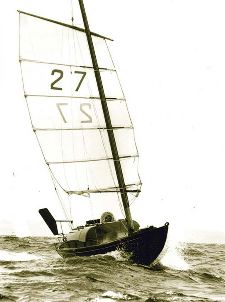 The Folkboat Jester as created by solo pioneer Blondie Hasler to set an easily-handled Chinese junk-style rig. Jamie &amp; Mary Young of Killary Adventure Centre sailed her across the Atlantic for their honeymoon cruise