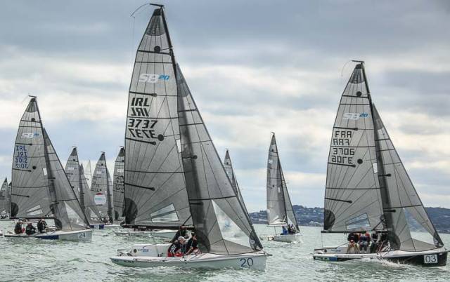 47 SB20s start race two of their European Championships on Dublin Bay with IRL 3737 Black (James Gorman) pictured centre