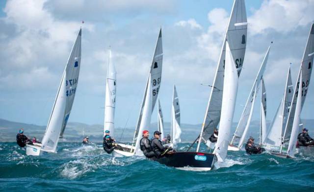 GP14s converge at a weather mark on day two of the national championships in Abersoch