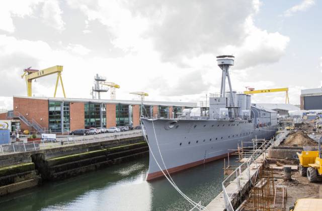 The recently refurbished HMS Caroline the only survivor of the Battle of Jutland 1916 has returned from H&W to her neighbouring berth in the Alexandra dry-dock, Belfast  