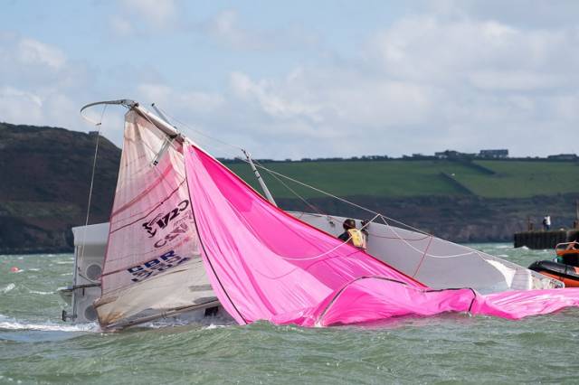 A 1720 struggles in the 30-knot winds for today's CH Marine League race in Cork Harbour. Scroll down for photo gallery