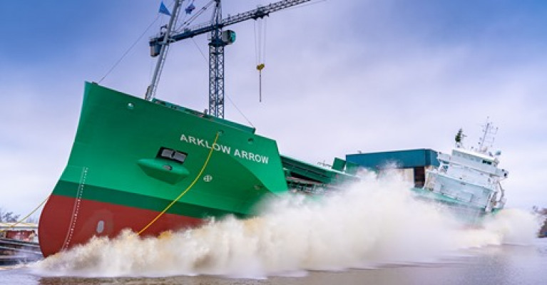 Arklow Arrow takes to the waters during launching of the new 8,500dwt bulker that took place yesterday.