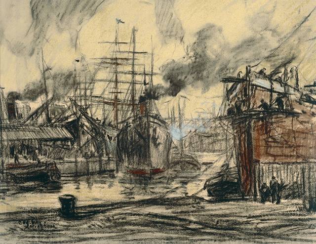 Eugeen Van Mieghem  Steamers and Three Masted-Ships in the Dock, c.1912 Charcoal and pastel