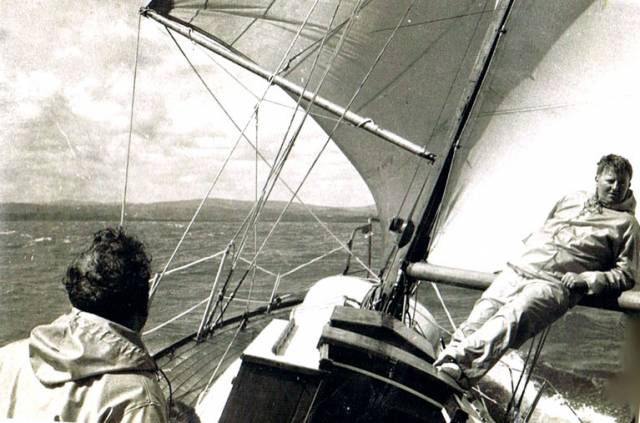 At home in boats and sailing. The late Cas Smullen (right) in relaxed mode on main-boom control duties aboard a Dublin Bay 24 sailing fast offshore