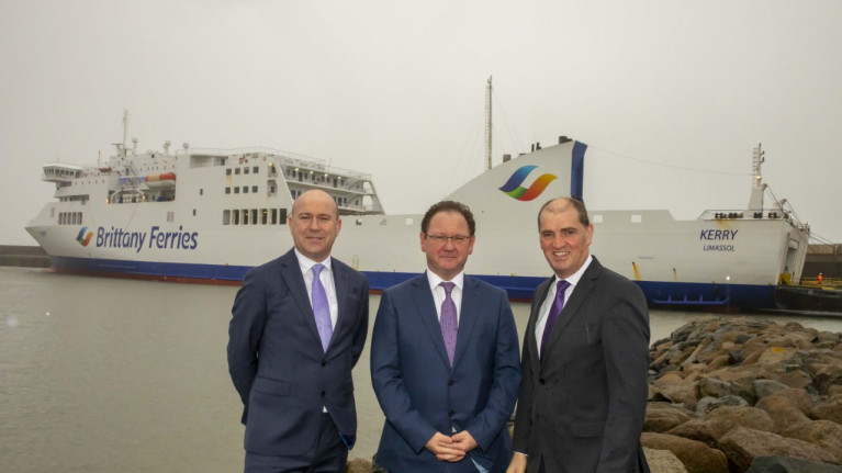 Brittany Ferries Group Freight Director, Simon Wagstaff; Glenn Carr, General Manager, Rosslare Europort; and Minister Paul Kehoe TD pictured this morning at the Co. Wexford ferryport. AFLOAT adds the ropax ferry Kerry berthed at the harbour&#039;s outer pier prior to departing today on the new Ireland-Spain route&#039;s ship&#039;s maiden sailing bound for Bilbao, northern Spain.