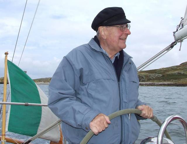 The late Otto Glaser at the helm of his ketch Tritsch-Tratsch IV on a winter Sunday morning in 2011