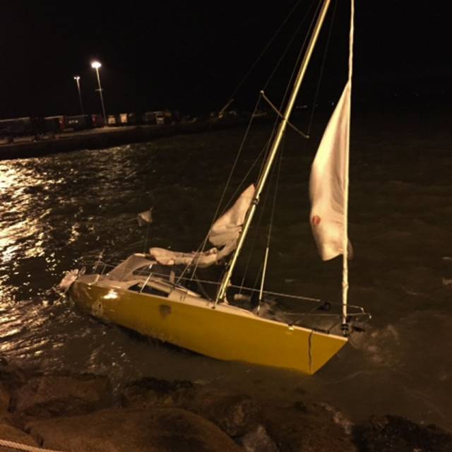 The yacht damaged by rock armour in Rosslare Harbour
