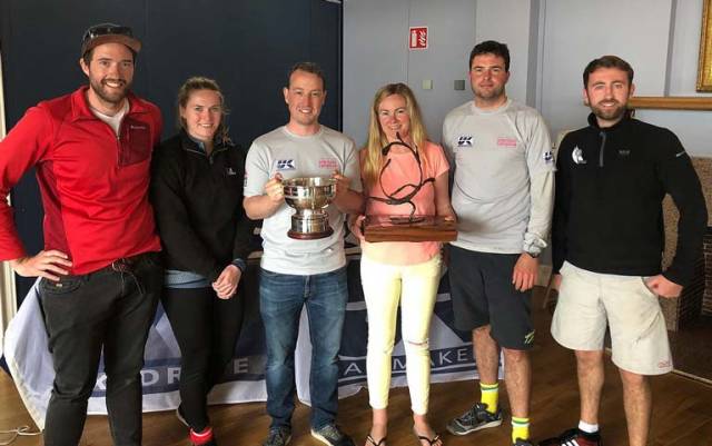 Atara's winning crew of Paddy Good, Jenny Andreason, Ross McDonald, Aoife English, Robbie English & Richie Harrington with the Romaine Cagney Bowl and the 1720 Europeans Trophy.