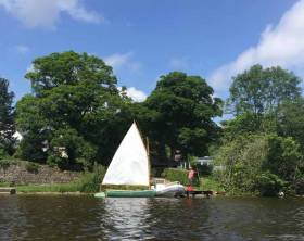 The Brittany-built American mini-cat in Skol ar Mor colours gets ready for sailing on a Shannon lake