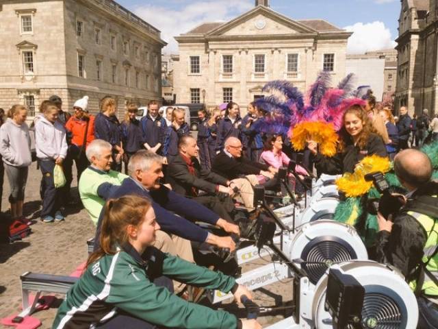 Sean Drea, second from left, helps cover the kilometres at the Road to Rio conclusion at Trinity College.