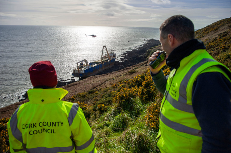 Operation by helicopter to remove barrels of waste diesel, hydraulic oil from MV Alta aground near Ballycotton east Cork