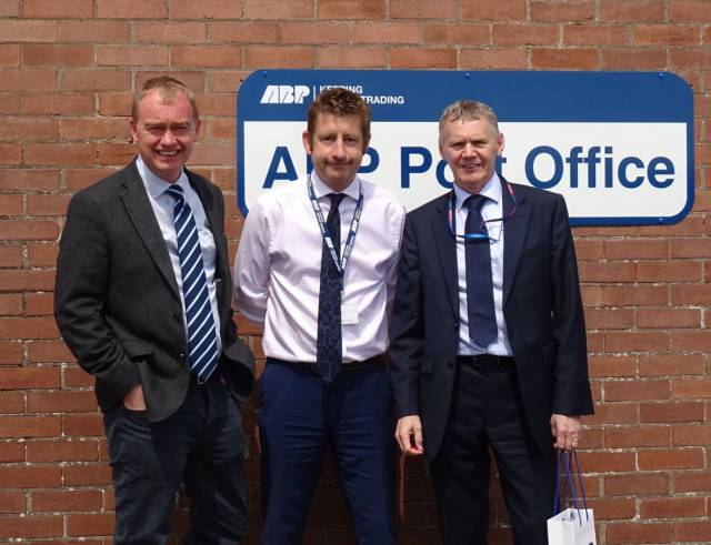 Tim Farron, the British M.P (on left) who recently visited the Irish Sea Port of Barrow, Cumbria. Afloat adds accompanying the former Liberal Democrats leader until July 2017, is Carl Bevan, North West Divisional Port Manager at Barrow, part of the large UK ports group, Associated British Ports (ABP). 