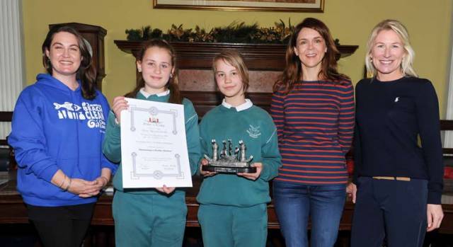 Overall winners Katelyn Stokes and Sandra Zoledziewska of St Columba's GNS with facility for deaf children, are all smiles along with from left: Susan Vickers of An Taisce Clean Coast Programme, Aoife Dineen of the Marine and Renewable Energy Centre Ireland (MaREI) and Sara Mackeown of the Port of Cork, at the Port of Cork primary schools initiative, at Custom House, Cork