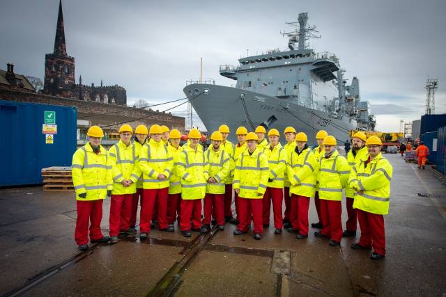 Among projects in the work pipeline for the Merseyside based shipyard of Cammell Laird (which in October 2018), won two 10-year contracts to support the Royal Fleet Auxiliary (RFA) worth an estimated £619 million. Above AFLOAT adds apprentices at the dry-dock facility in Birkenhead with the veteran RFA Fort Victoria (A387) an auxiliary oiler replenishment (AOR) ship which also transports ammunition, fuel, food and supplies to the UK's Royal Navy. 