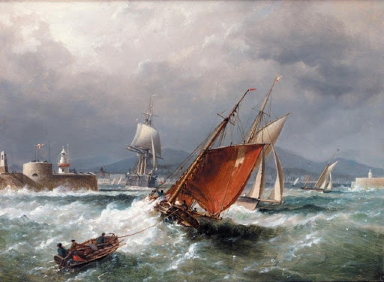 Busy times in the great days of sail at the entrance to Dun Laoghaire (Kingstown) Harbour in a fresh to strong east sou’east wind, as painted by Admiral Richard Brydges Beechey, with a working cutter towing a hobblers’ boat entering as two yachts leave, while a stately naval man o’ war comes down the harbour, setting sail as she goes.