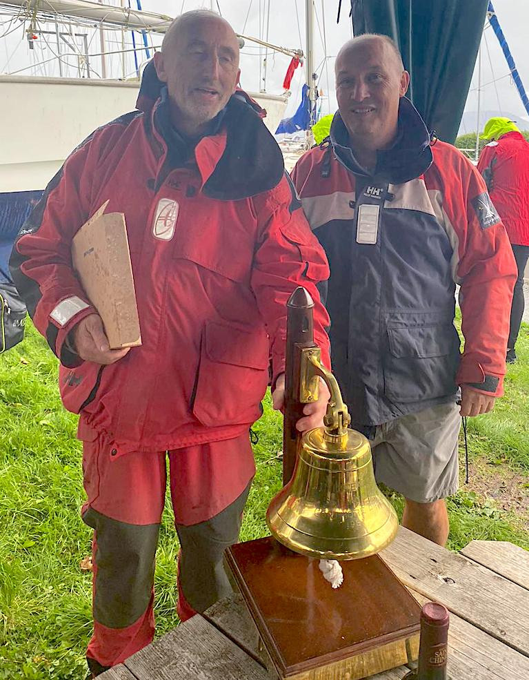 Ken O'Farrell, left, skipper of Sea Saw with Lough Derg's Gortmore Bell and  and Dan Donnell, ISC Racing Captain