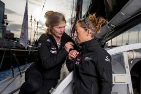 Imoca 4myPlanet skippers Alexia Barrier (right) and Joan Mulloy posing during pre-start of the Transat Jacques Vabre 2019, duo sailing race from Le Havre, France, to Salvador de Bahia, Brazil, on October 19, 2019 in Le Havre, France