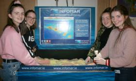 Eabha Mevlin, Grace Moran, Leah Sweeney and Clodagh Moran at the INFOMAR AR sandbox, a scientific educational tool to help users to explore the importance of topography, contouring, geology and seabed mapping