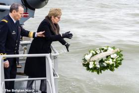 On board the Belgium Navy&#039;s BNS Castor, British Ambassador to Belgium Alison Rose who laid a wreath at the location of where the ferry disaster took place off Zeebrugge in 1987