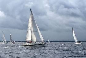 La Bamba approaches Gortmore. The breeze increased to 30–kts at times for this year&#039;s Gortmore Bell Race on Lough Derg