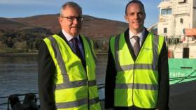 According to BBC Newsline, the media were not invited but the BBC were given this photo of the Brexit Secretary Dominic Raab, meeting some business leaders in the ports of Larne and in Warrenpoint (as above) where AFLOAT adds is the stern of the Irish flagged Arklow Faith. The 2,988grt cargoship was in heavy seas as featured in the recent RTE TV series &#039;Great Lighthouses of Ireland&#039;. 