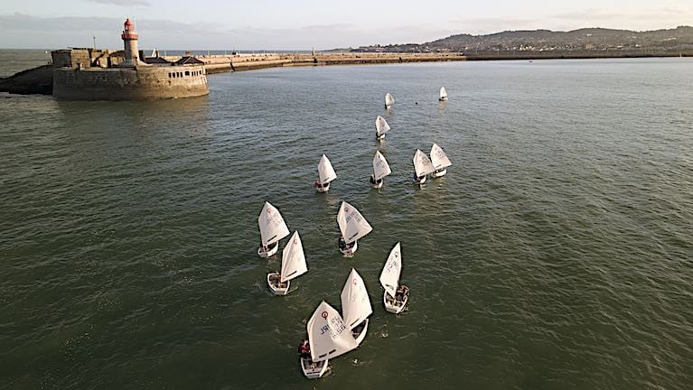 Dun Laoghaire Optimist Group (training) at the the harbour mouth. The Royal St. George Yacht Club will host the Irish Optimist Trials at Dun Laoghaire in May 