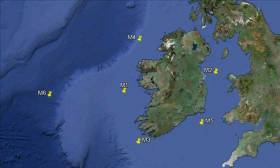The Locations of the Irish Marine Weather Buoy Network. M5 buoy off the South East Coast recorded 18m high waves this week