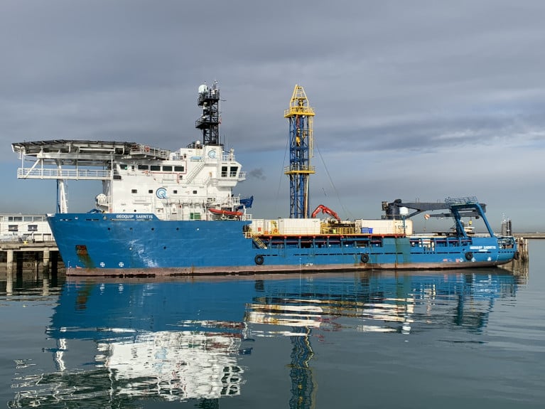 Drilling-rig ship Geoquip Saentis run by a Swiss based offshore geo-technical solutions company, has berthed in Dun Laoghaire Harbour. The 3,404 gross tonnage vessel is to be used for work at the Dundalk Bay Wind Farm project off Co. Louth. Note above the bow and bridge is a heli-pad. 