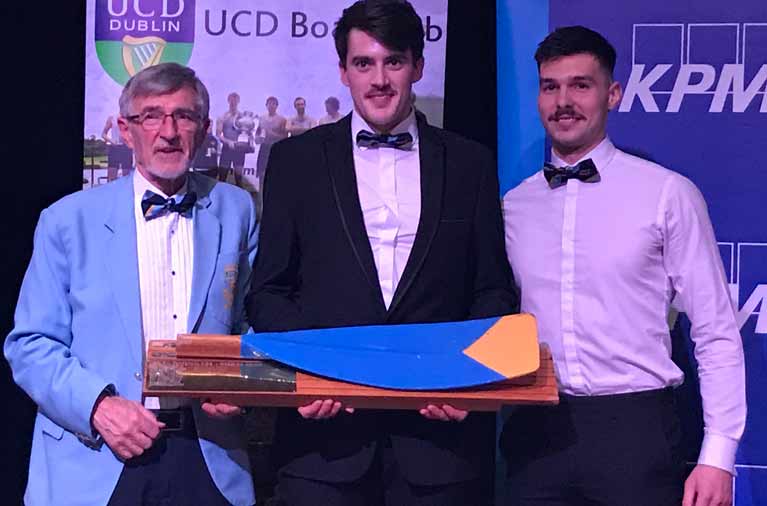 Thomas Earley UCD Rower of Year 2019 with Ned Sullivan and Rob Brown