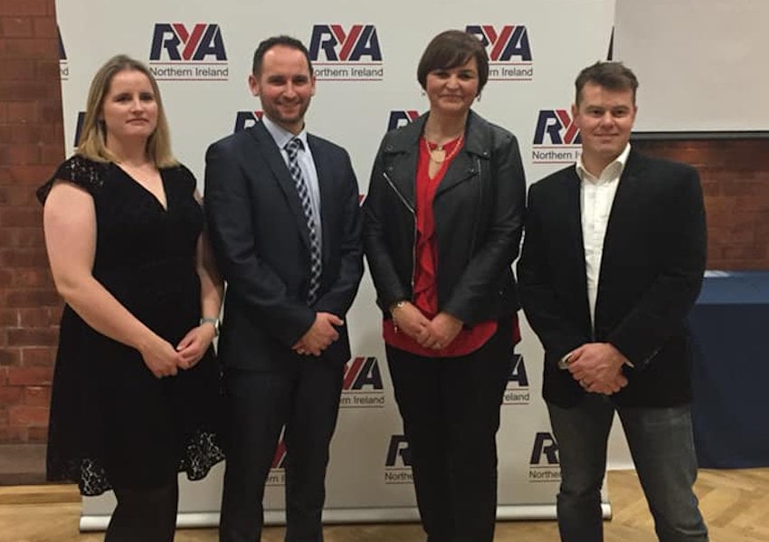 From left: RYANI development officer Mary Martin and COO Richard Honeyford with awards MC Denise Watson and Mikey Ferguson