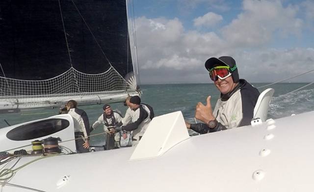Brian Thompson on board Phaedo 3 for the Round the Isle of Wight Record run
