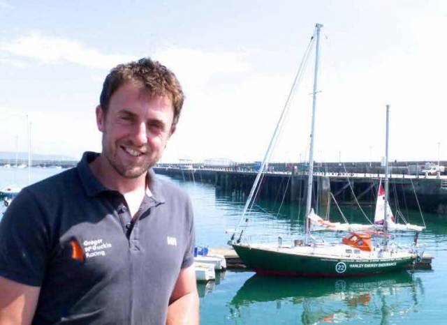 Irish Golden Globe Race skipper Gregor McGuckin and his yacht Hanley Energy Endurance at the National Yacht Club prior to departure