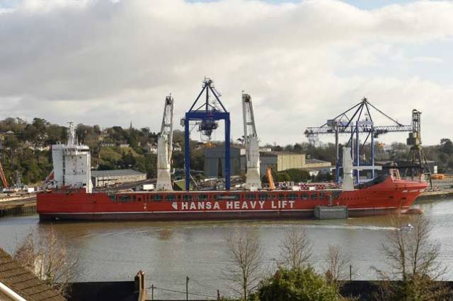 Heavy lift operations at Cork Dockyard involve the loading of cargo onto the vessel ‘HHL Lagos’