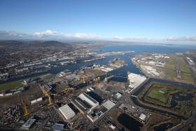 An overall view of the extensive Harland &amp; Wolff shipyard located in the east of Belfast Harbour
