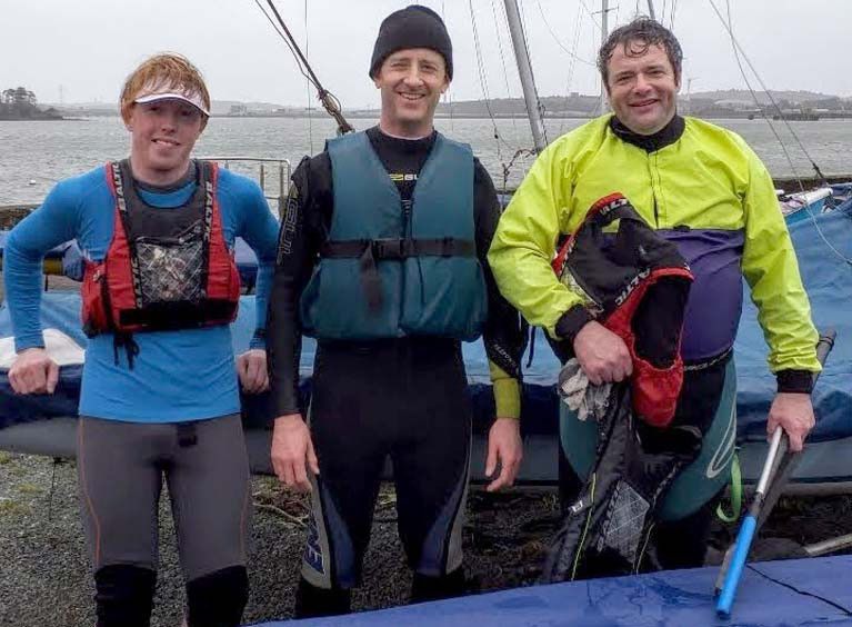 Three of the six sailors that braved the storm. Left to right- Article author Chris Bateman, Arthur O'Connor, Robin Bateman. Out of picture- Barry O'Connor, James Long, Ronan Kenneally.