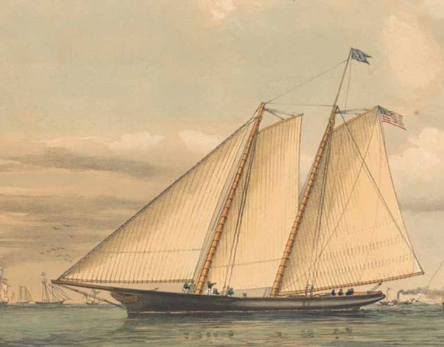 The essence of effective simplicity – the schooner America as she was in 1851, when her victory in the race round the Isle of Wight resulted in the trophy becoming the America’s Cup.