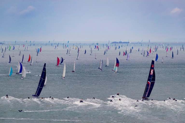 A massive fleet make their way out of the Solent in the 2019 Rolex Fastnet Race