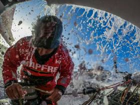 Willy Altadill gets drenched on deck for MAPFRE earlier in Leg 3